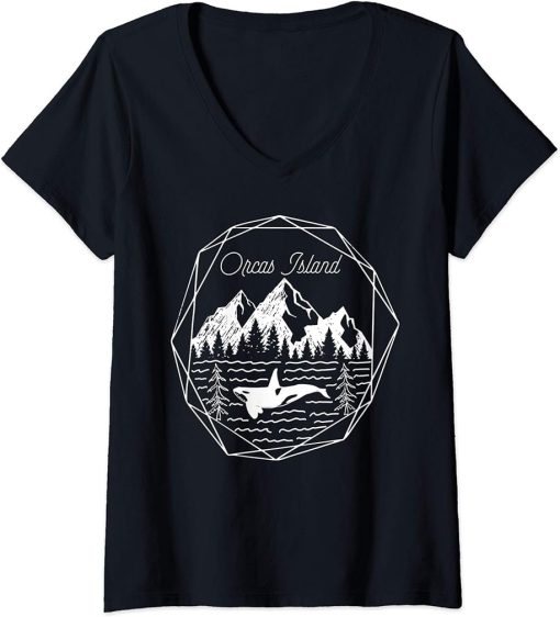 Womens Orcas Island San Juan Islands PNW Minimalist Orca Whale V-Neck T-Shirt