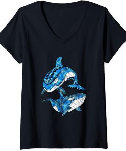 Womens Tribal Orca Killer Whales V-Neck T-Shirt