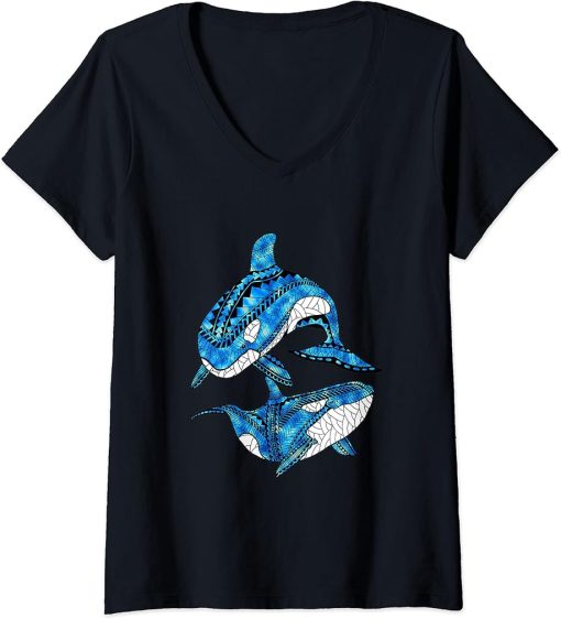 Womens Tribal Orca Killer Whales V-Neck T-Shirt