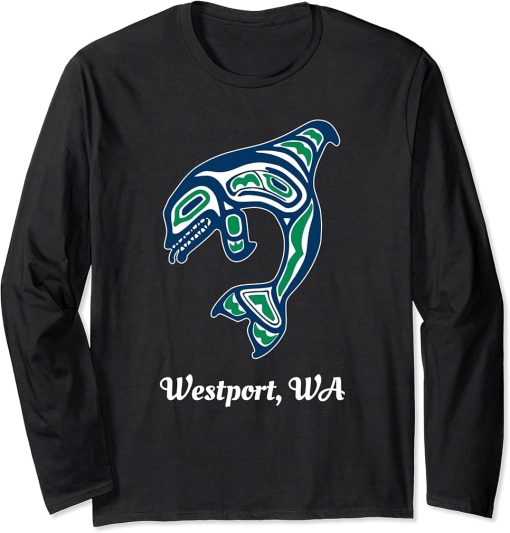 Blue Green Native American Westport WA Orca Killer Whale Long Sleeve T-Shirt