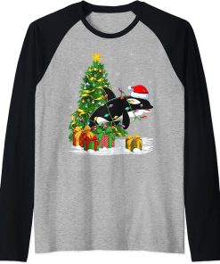 Orca Killer Whale Lover Family Matching Santa Orca Christmas Raglan Baseball Tee