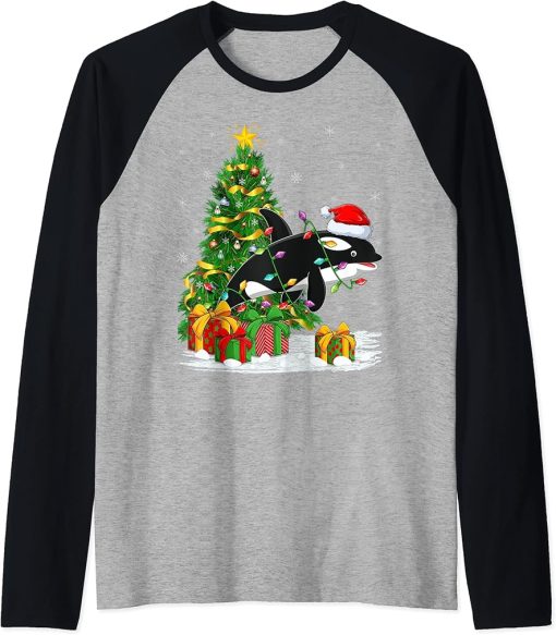 Orca Killer Whale Lover Family Matching Santa Orca Christmas Raglan Baseball Tee